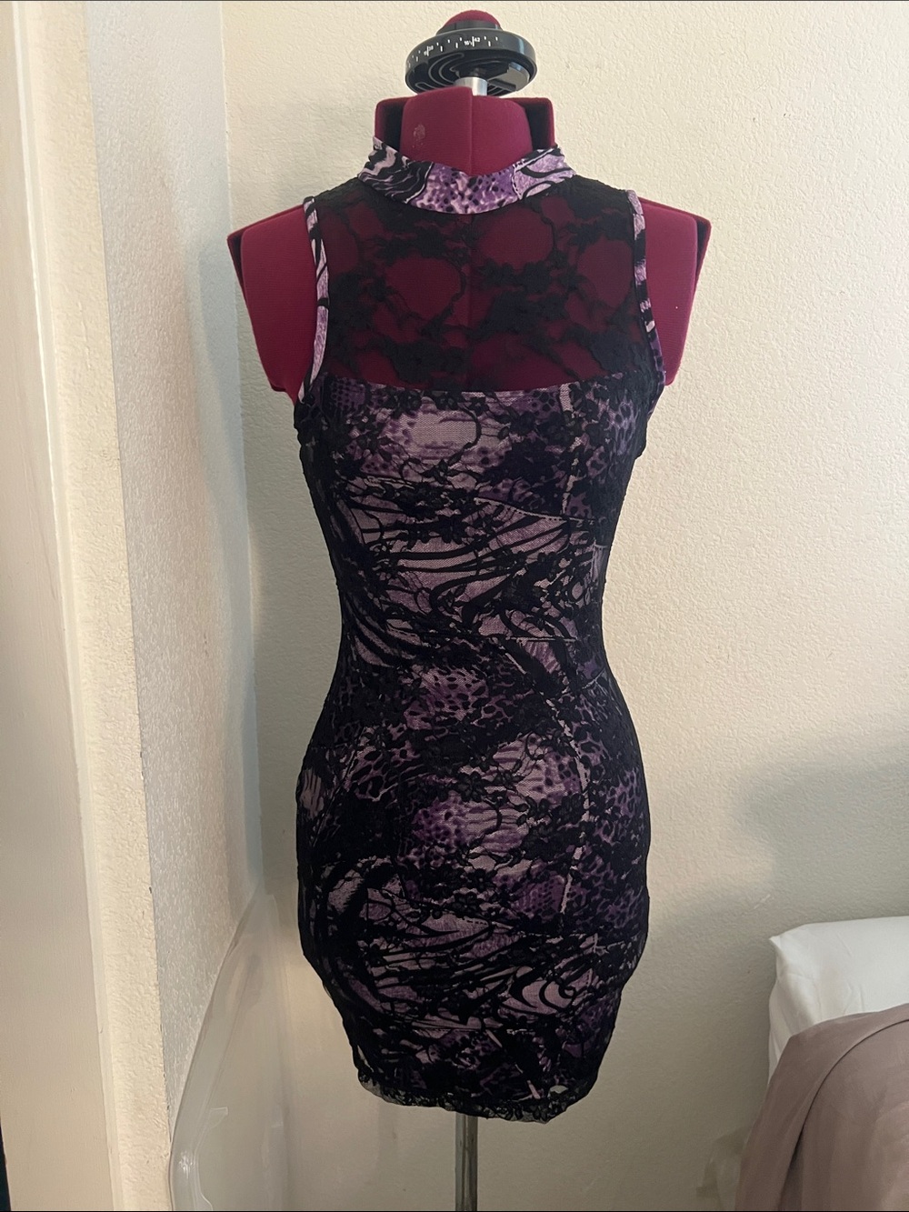 Black Lace Overlay Mini Dress with Purple Underlay